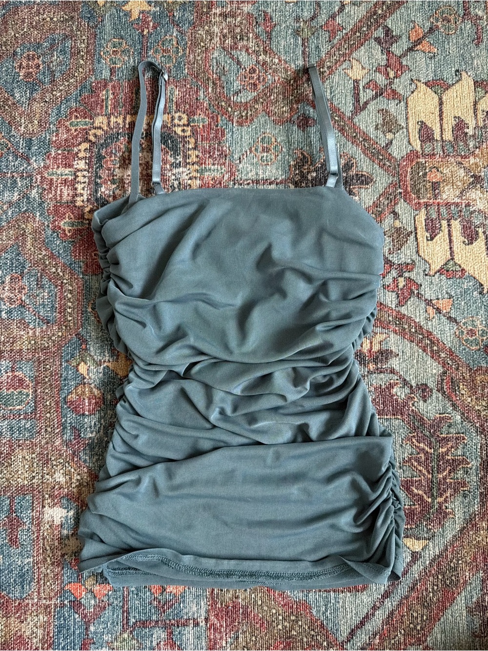 Open Edit Ruched Slate Green Mesh Camisole Tank-Top